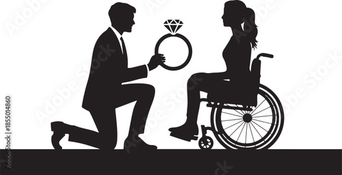 Inclusive love proposal silhouette, man kneeling with ring, woman in wheelchair, romantic vector illustration for relationship, commitment, accessibility, and emotion