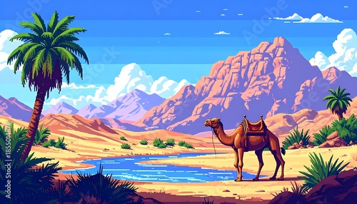 Pixelated desert scene with a camel, palm trees, mountains, and a small stream on a sunny, cloud filled day