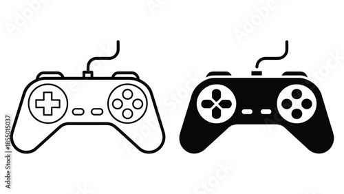 Game controller icons set in outline and solid style, video gaming joystick symbols for console play, esports, entertainment and digital technology concept