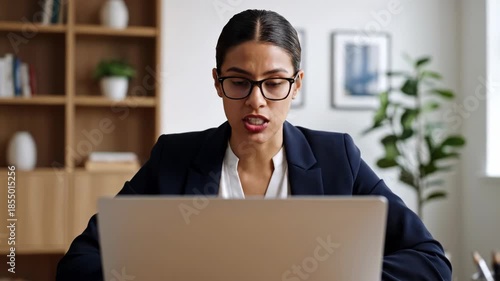 Focused professional engages in a passionate discussion during a virtual meeting in a modern workspace Generative AI