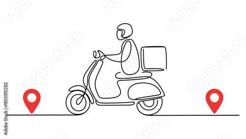 One line continuous drawing of scooter delivery rider with location pins, express courier service, online food delivery and logistics tracking concept