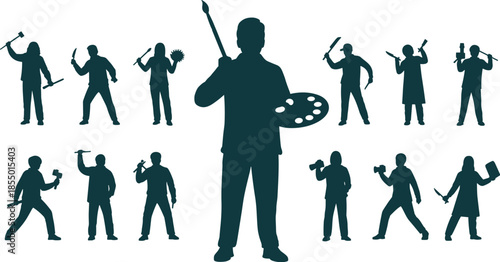 Silhouette figures holding various tools and including paint palette and brushes