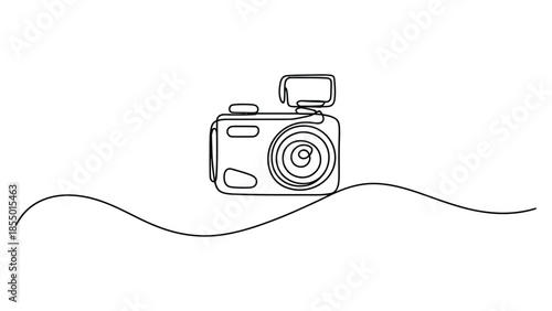 One line continuous drawing of digital camera with lens, minimal photography concept for creative art, visual storytelling, media and modern technology use