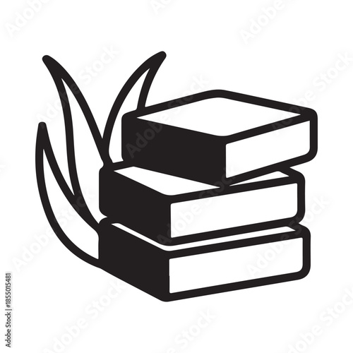 Simple black and white illustration of stacked books with a plant
