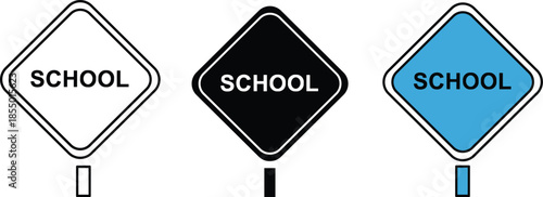 Three diamond shaped school signs in white black and blue warning sign traffic sign