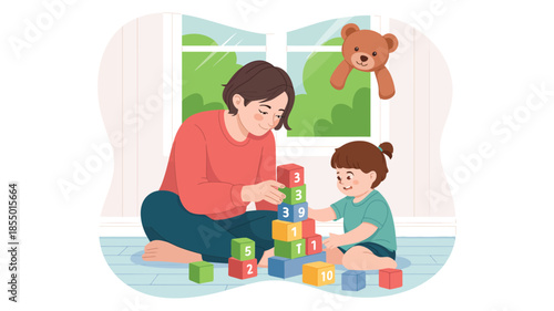 Mother playing with her young child using colorful toy blocks at home, happy parenting, early childhood development and family bonding concept
