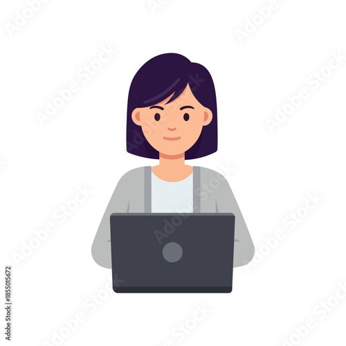 Young woman working on laptop vector illustration isolated on white background