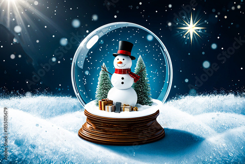 Magical Christmas Snow Globe with Smiling Snowman, Evergreen Trees and Festive Gifts Under Starry Winter Night, Holiday Decoration Concept