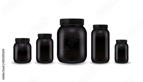 Black medicine bottle or jar mockup on a white background.. Vector realistic 3d illustration.