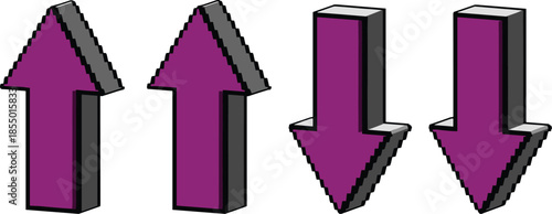 Two purple pixelated up arrows and two purple pixelated down arrows with grey sides and black outlines