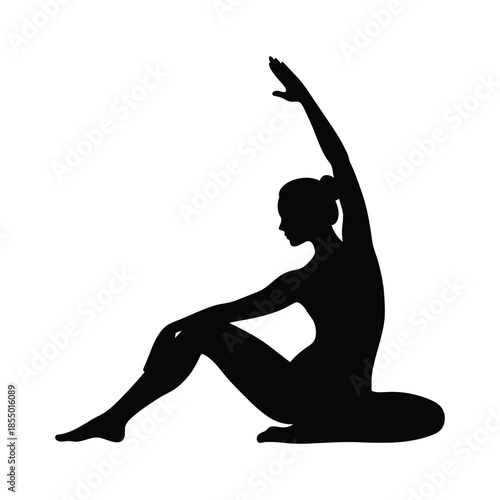 Black silhouette of a woman in a yoga pose on white background exercise