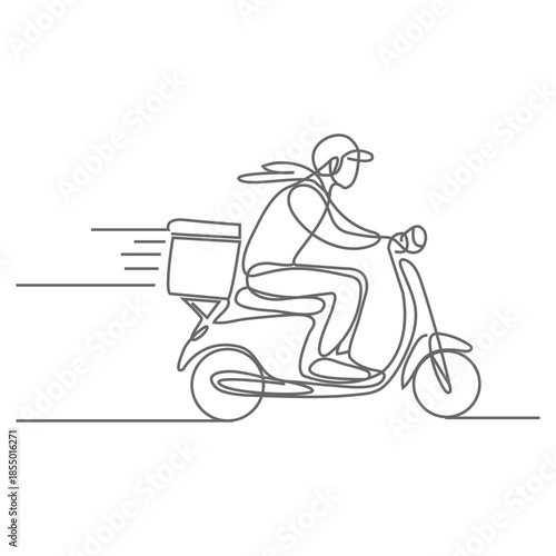 Continuous one line drawing of delivery man riding scooter. Courier riding a scooter single line art vector illustration, on White Background Simple Design.