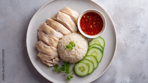 Top view of a Hainanese Chicken Rice, beautifully plated, tender poached chicken with glossy skin sliced neatly, fragrant rice cooked in chicken broth