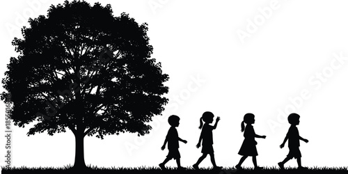 Children silhouette walking under tree, childhood innocence, friendship, growth, nature, freedom, outdoor play, education journey illustration concept