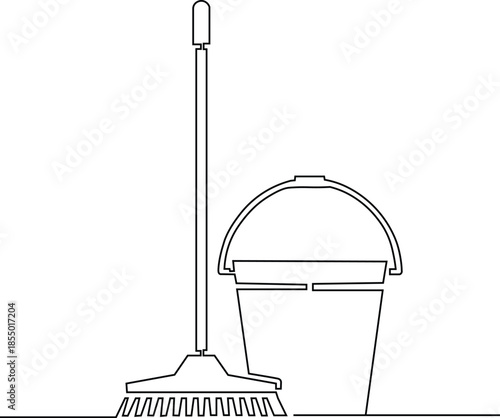 Single line vector illustration of mop and bucket for cleaning concept continuous one line design of cleaning tools