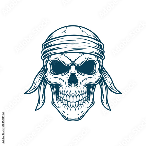 Menacing Pirate Skull with Bandana Design Illustration