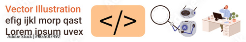 Web development, artificial intelligence, digital analysis, workplace solutions, coding tasks, automation. Code symbol, magnifier robot office scene. Web development and automation concepts