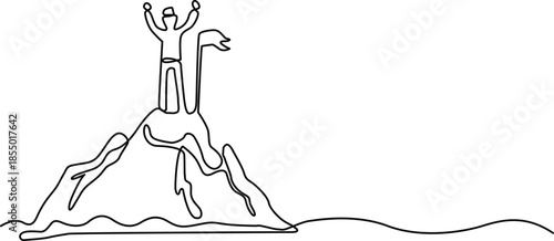 Person standing triumphantly on mountain peak Vector