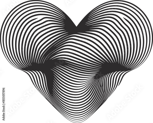 Abstract Wavy Line Heart Shape Illustration, Modern Optical Line Art Love Symbol on White Background