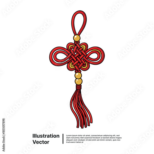Vibrant red traditional decorative Chinese knot with tassel and golden beads, symbolizing good fortune for Lunar New Year celebrations, vector illustration.