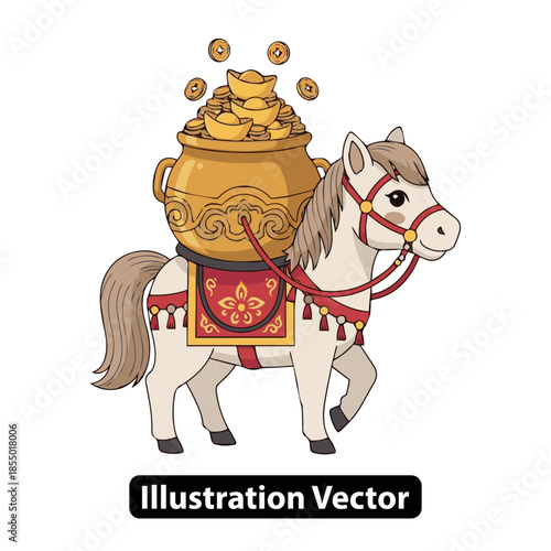Festive horse carrying a golden pot overflowing with treasure, symbolizing prosperity and good fortune in a charming cultural illustration.