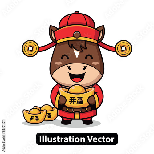 Joyful cartoon horse character in traditional red festive clothing holds golden ingots, symbolizing prosperity and good fortune for Chinese New Year celebrations in this vibrant vector illustration.