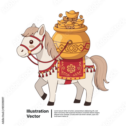 Charming vector illustration of a festive horse carrying a pot filled with golden ingots, symbolizing wealth and good fortune.