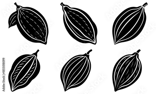 Six Black and White Cocoa Pods on White Background silhouette six pods