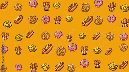 Variety of delicious snacks on a glamorous gold background for food and beverage advertising campaigns or restaurant menus. Suitable for promoting fast food or event catering services.