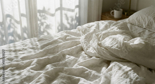 Crumpled white linen bed sheet texture with soft light