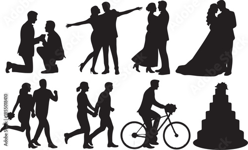 Romantic couple silhouette collection featuring wedding scenes, love poses, dancing, cycling, proposal moments, celebrating relationships, perfect for creative design and illustration projects