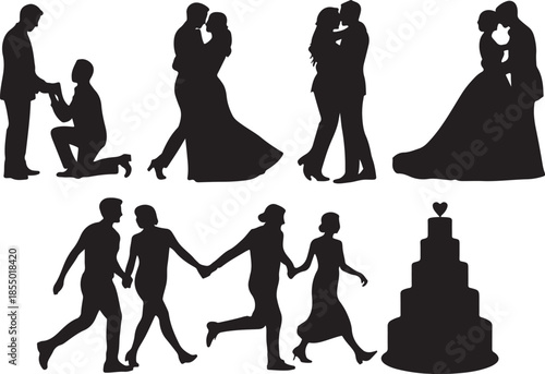 Romantic couple silhouette collection featuring wedding scenes, love poses, dancing, cycling, proposal moments, celebrating relationships, perfect for creative design and illustration projects