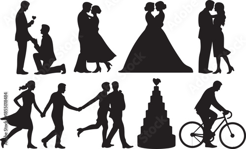 Romantic couple silhouette collection featuring wedding scenes, love poses, dancing, cycling, proposal moments, celebrating relationships, perfect for creative design and illustration projects