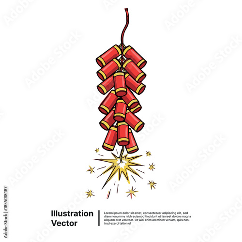 Vibrant illustration of traditional red firecrackers igniting with bright sparks, symbolizing festive cultural celebration.