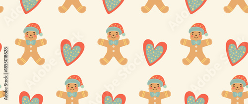 Adorable seamless Christmas pattern with smiling gingerbread cookies and colorful hearts on a soft background. Perfect for holiday wrapping paper, textiles, kids designs, and festive decor.