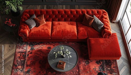 Overhead shot Elegant living room w/ orange tufted sofa, patterned rug, marble table, & lush plants, dark wood floors