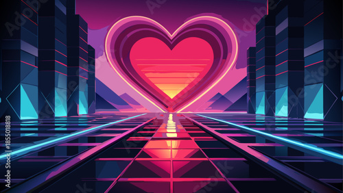 Futuristic heart shaped portal in neon cityscape