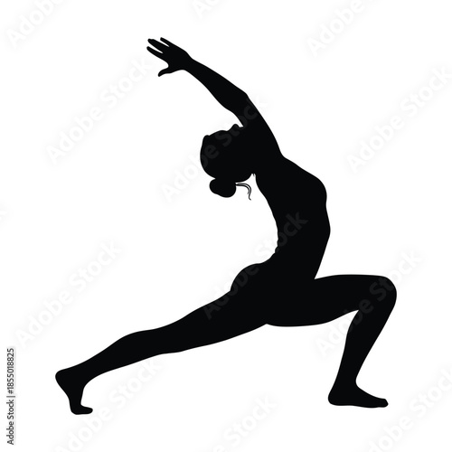 Black silhouette of a woman in a yoga warrior pose on white background exercise