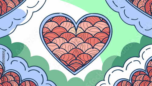 Heart shaped pattern with clouds and leaves
