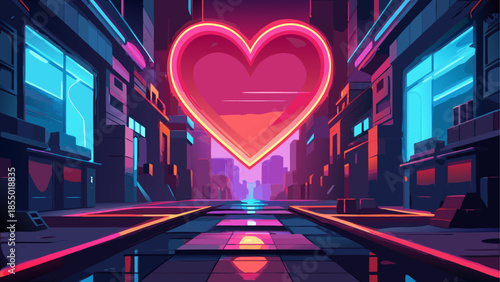Neon heart hangs above futuristic city street at night