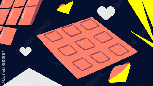 Chocolate bar with candy and heart shape on dark background