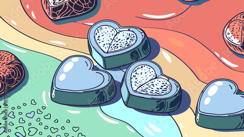 Heart shaped objects floating on vibrant background