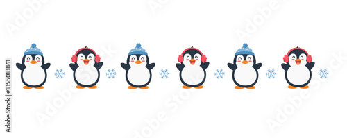 Seamless border of cute penguins cartoon with accessories Cartoon character for winter season theme