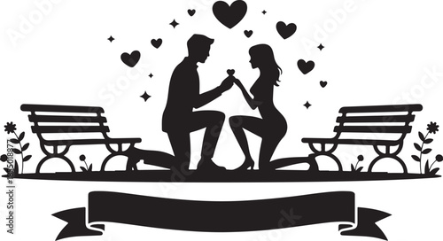 Romantic proposal silhouette on bench with hearts and stars decoration