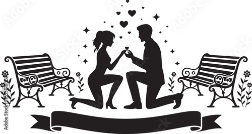 Romantic proposal silhouette on bench with hearts and stars decoration
