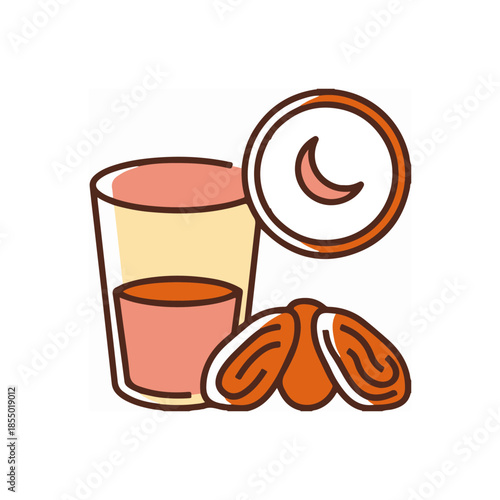Illustration vector graphic of a glass of water, dates fruit, and crescent moon icon. Perfect for Ramadan, Iftar, and Islamic fasting-themed designs
