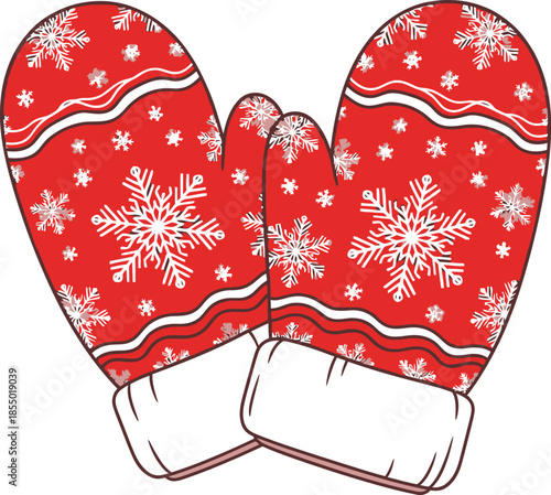 Pair of Red Mittens with Snowflakes and White Cuffs, Winter Warmth Illustration