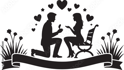 Romantic proposal silhouette with hearts and stars for wedding or valentines day