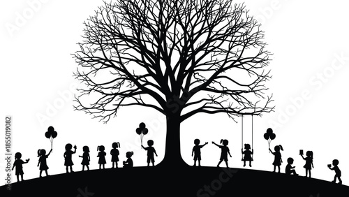 Children silhouettes playing under big tree, joyful childhood moments with balloons and swing, friendship and imagination, minimal black and white illustration