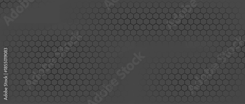 Dark grey abstract wide horizontal banner with hexagon carbon fiber grid and orange luminous lines. Technology vector background with orange neon lines.Eps10
